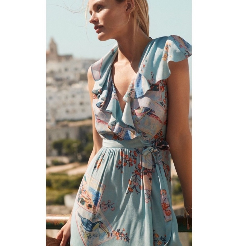 Anthropologie Light Blue Floral Ruffle Wrap Dress
